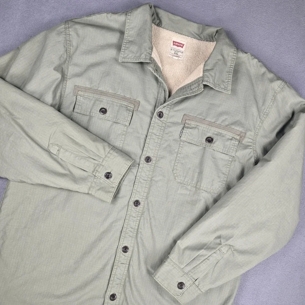 Levi's Jacket Mens 2XL‎ Green Sherpa Lined Military Shirt Button Front Coat